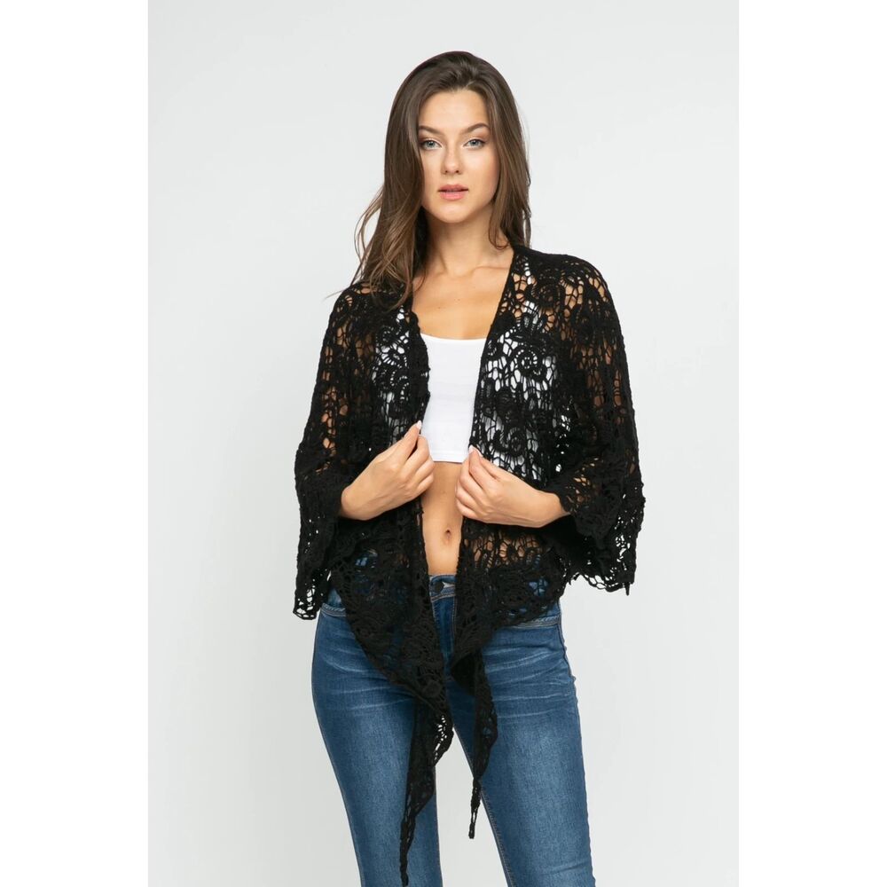 Raj Crochet Black Kimono Wrap Cotton With Jeans Dresses One Size Layering Travel